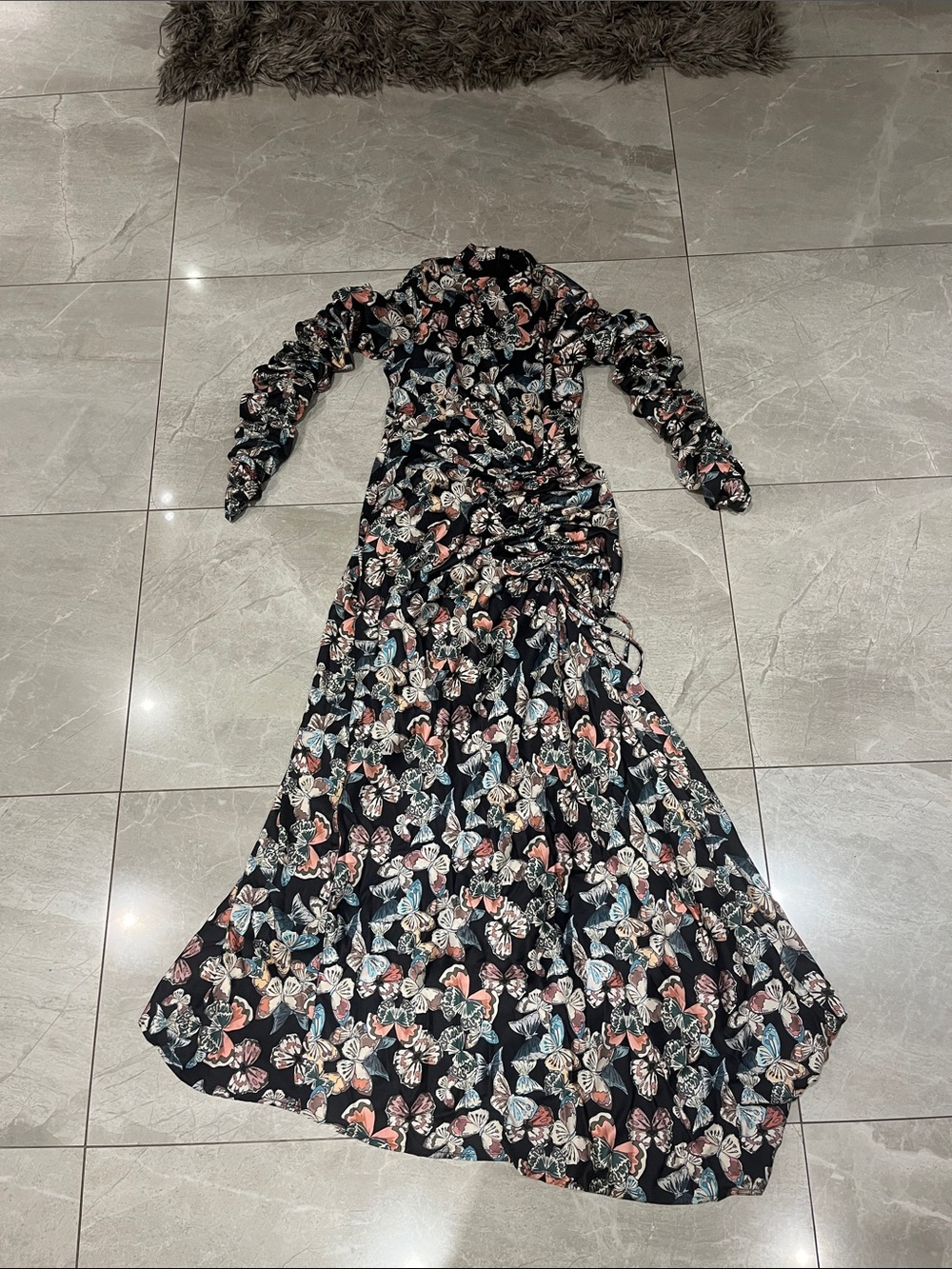Black Floral-Print Long Sleeve Maxi Dress with Ruched Side